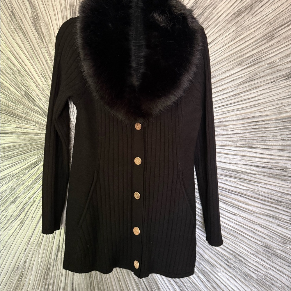Boston Proper Black Cardigan with Plush Faux Fur Trim